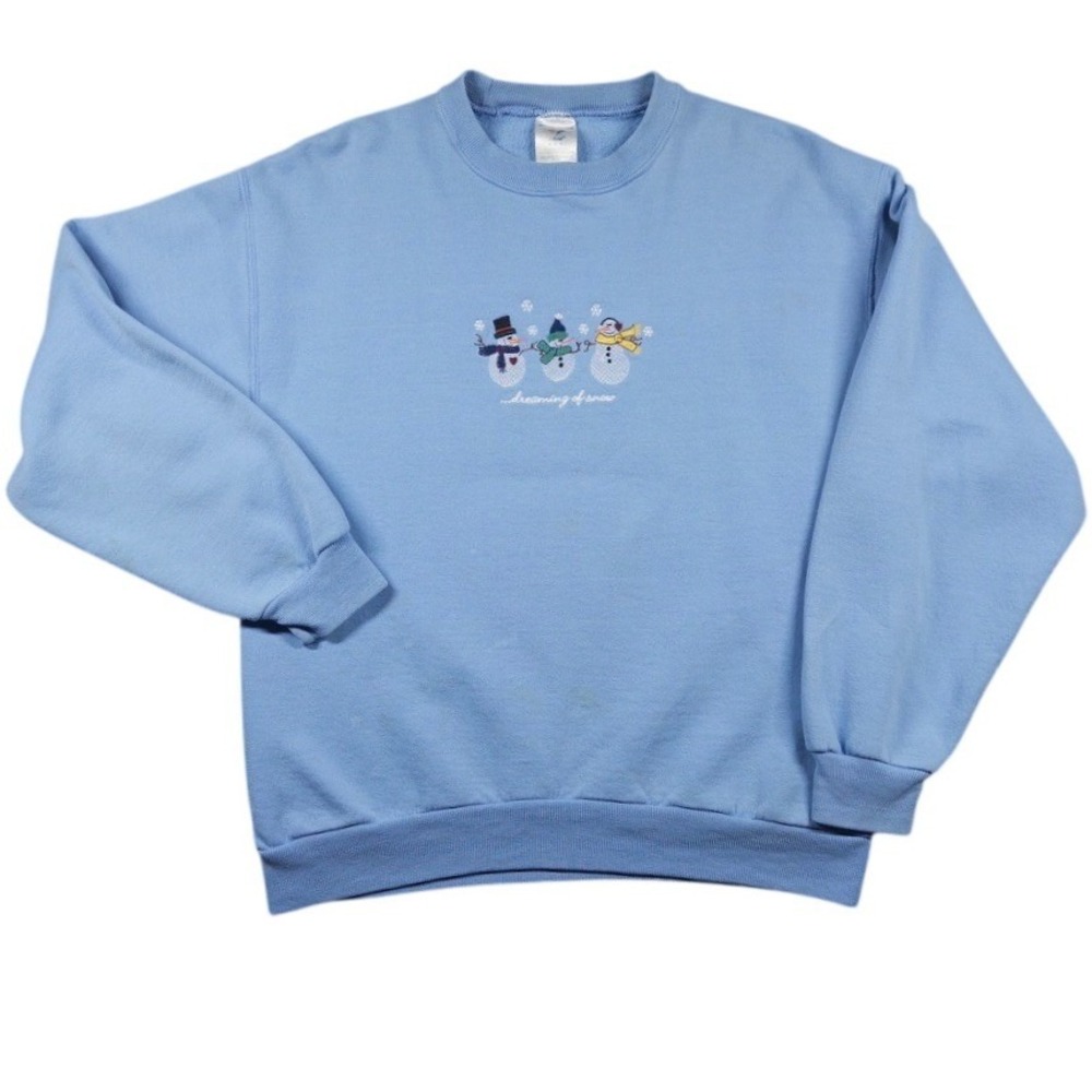 Vintage Jerzees Sweatshirt Womens M Blue Dreaming of Snow Snowmen Embroidered
